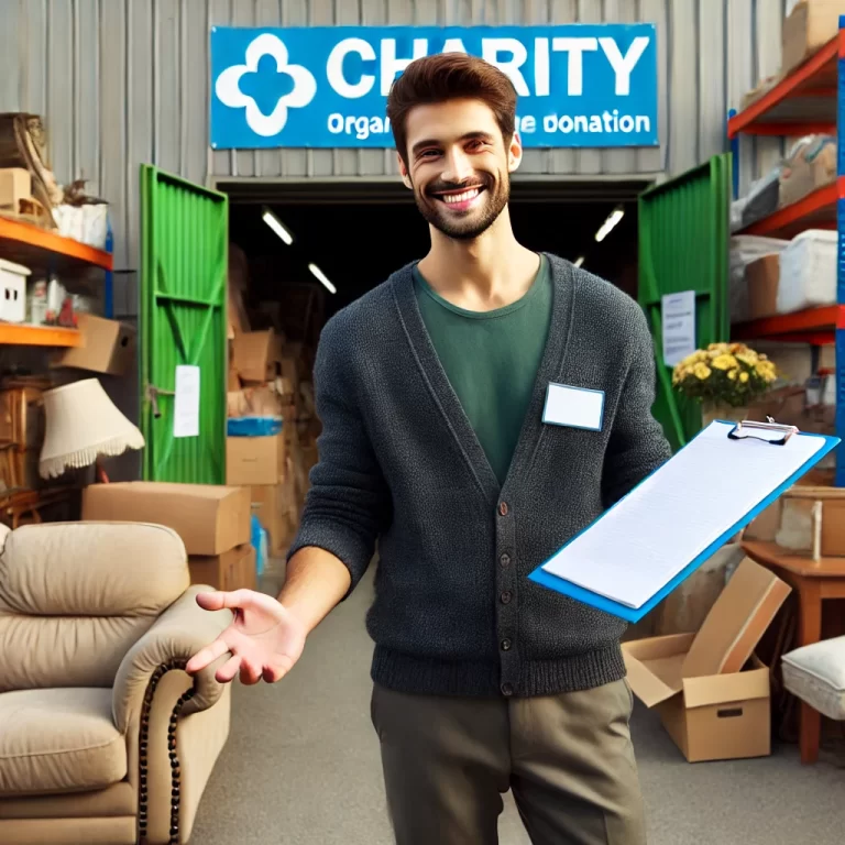 A charity worker happily receiving donated furniture